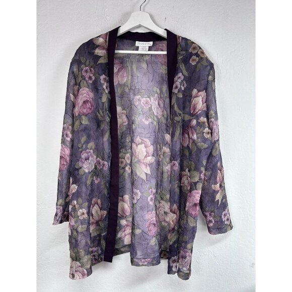 Pride & Joy Sweaters - Pride & Joy Womens Floral Purple Sheer Open Front Cardigan Jacket Size 16W